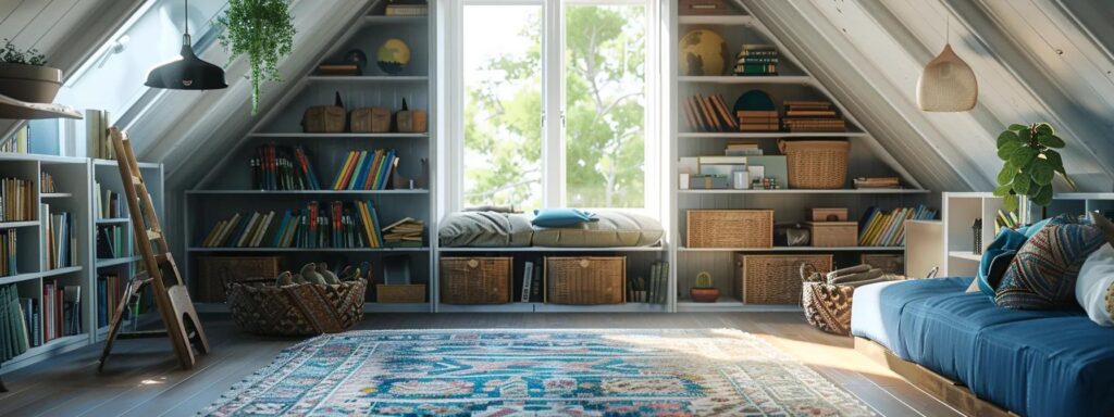 a serene and well-organized attic filled with eco-friendly storage solutions and natural light pouring in through a large window, showcasing the harmony between energy efficiency and sustainable living in a clean color palette of blues and whites.