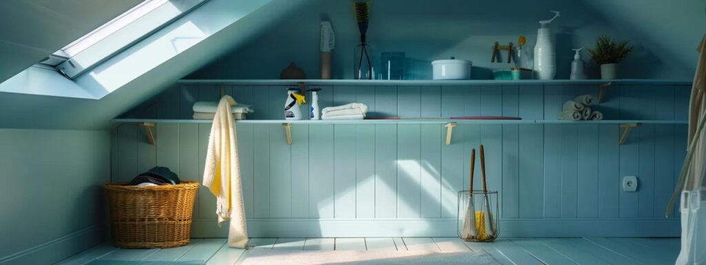 a serene attic space, bathed in soft natural light, showcases neatly organized cleaning tools and safety gear against a clean palette of blues and whites, embodying an atmosphere of efficiency and readiness for a thorough cleaning.