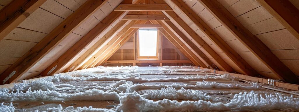 a serene attic space showcases pristine, well-maintained insulation and clear ventilation, bathed in soft natural light, emphasizing the tranquility and comfort of a clean home environment.