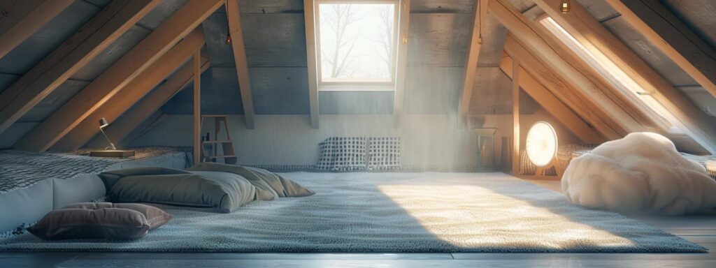 a sunlit attic, meticulously organized and decluttered, showcases pristine, dust-free surfaces and well-maintained insulation, embodying a serene and healthy living environment in soft natural lighting and a clean color palette of blues and whites.