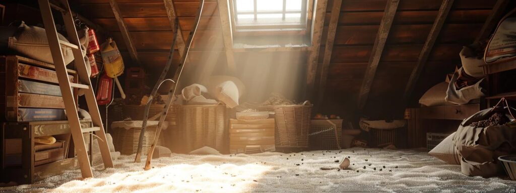 a sunlit attic space, featuring organized storage and safe ladder access, illuminated by soft natural light, emphasizing a clean environment with subtle hints of humidity and potential mold, captured in a crisp focus that highlights the importance of safety during cleaning.