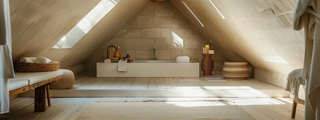 a pristine, well-organized attic bathed in soft natural light showcases clean, neutral tones and a visually calming atmosphere, emphasizing the importance of efficient home cleaning and improved air quality.